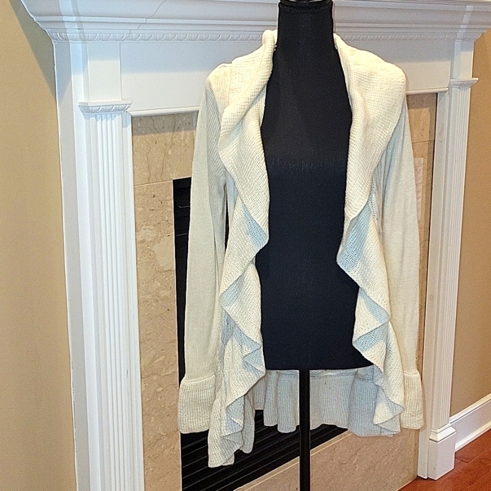 Arden B Vintage Long Ruffled Sweater Cream Cardigan sz small